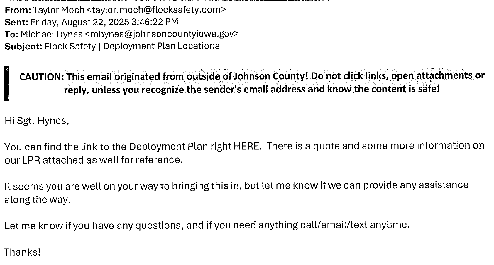 August 22 email from Taylor Moch (Flock) to Hynes