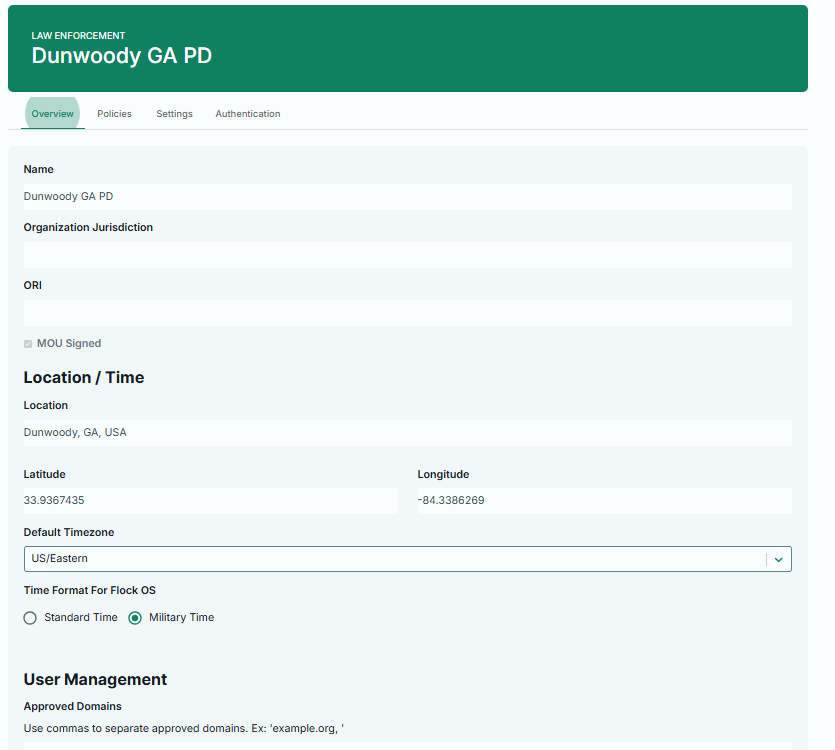 Flock admin dashboard organization overview settings page.