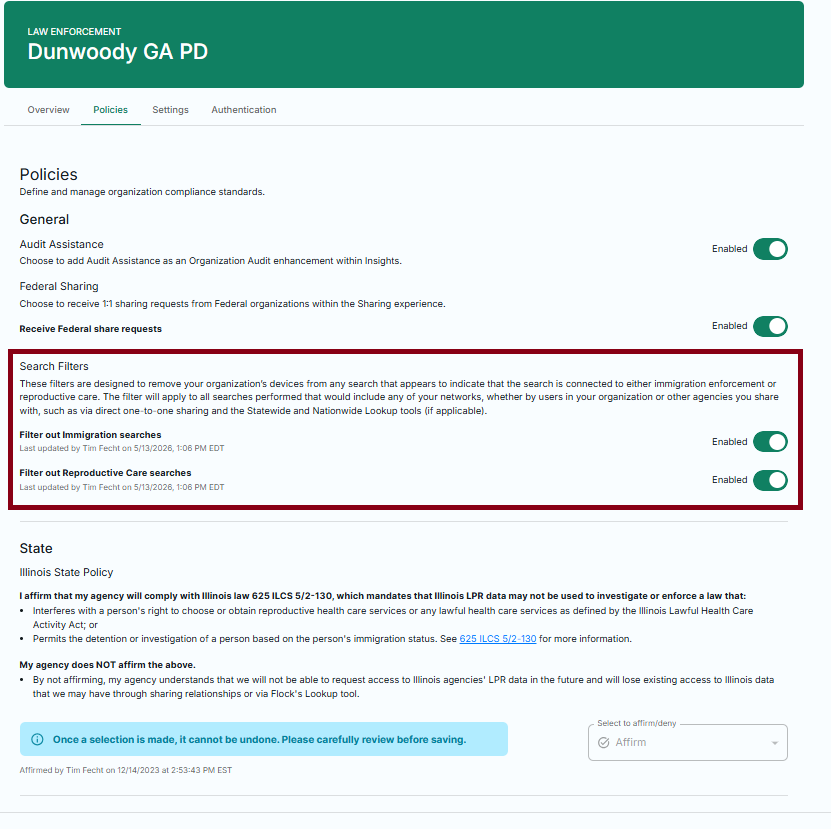 Flock admin dashboard policies page, including immigration and reproductive-care search filters.