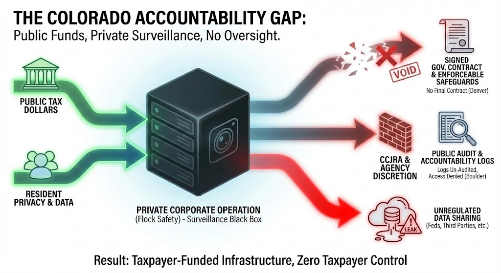 A flow diagram titled "The Colorado Accountability Gap." On the left, green arrows labeled "Public Tax Dollars" and "Resident Privacy & Data" flow into a black box labeled "Private Corporate Operation (Flock Safety)." On the right, three red exit arrows show the breakdown: the top arrow to "Signed Gov. Contract" is shattered and labeled "VOID (Denver)"; the middle arrow to "Public Audit Logs" hits a brick wall labeled "CCJRA & Agency Discretion (Boulder)"; and the bottom arrow points to a leaking cloud icon labeled "Unregulated Data Sharing (Feds, Third Parties)." The footer reads: "Result: Taxpayer-Funded Infrastructure, Zero Taxpayer Control."