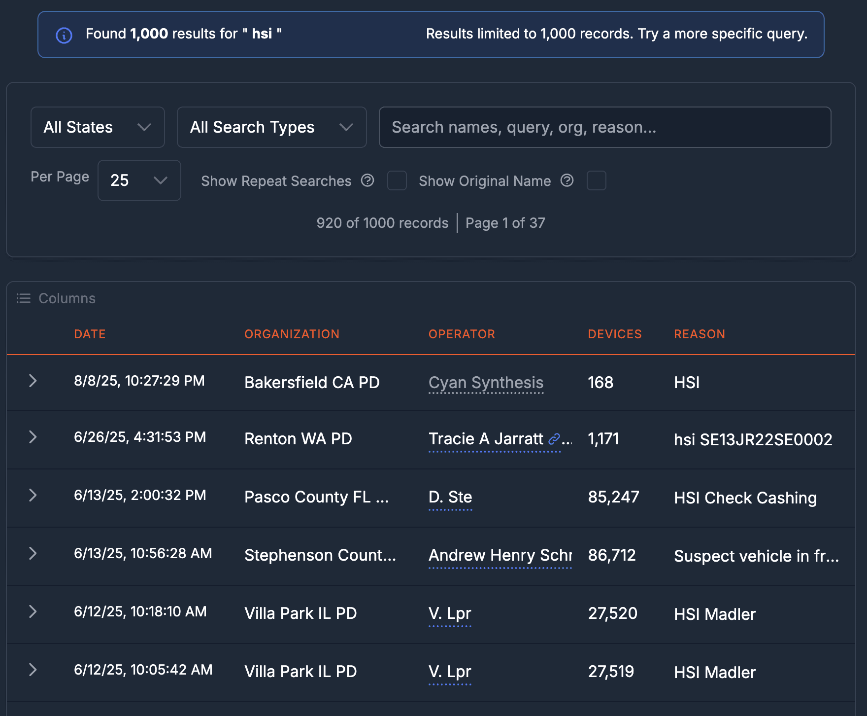 Over 1,000 Searches conducted on behalf of ICE's HSI division