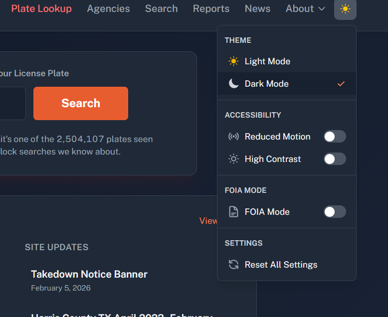 Theme menu showing FOIA mode