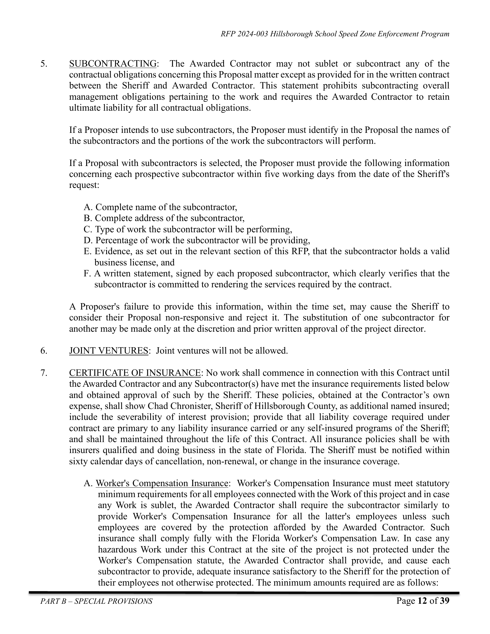 RFP Part B — Subcontractor disclosure requirement