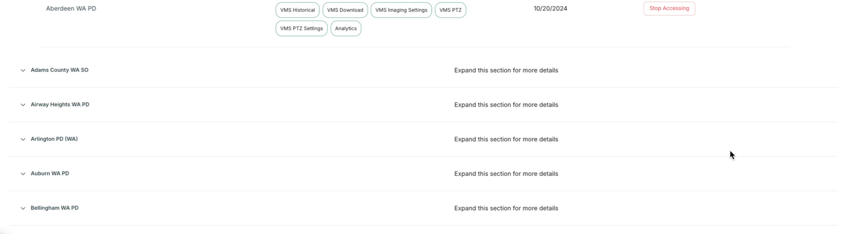 The "Stop Accessing" button — Mahoney's account can unilaterally terminate sharing between
Aberdeen WA PD and Olympia WA PD